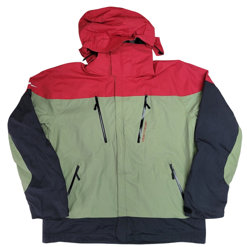 Obermeyer Katahdin‎ Shell Men's Large Ski Jacket Green Red Black Hooded 12205